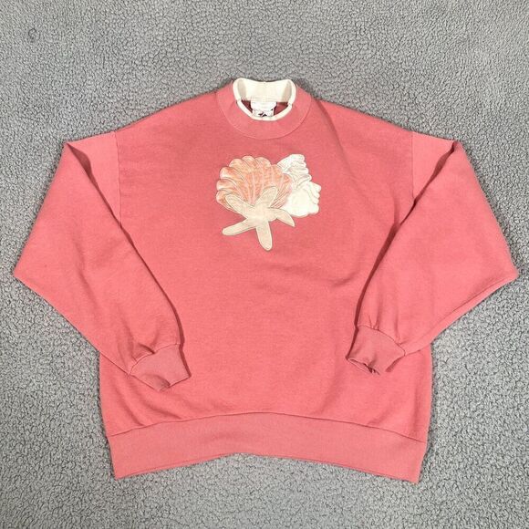 Vintage Star Fish Sea Shell Pullover Sweatshirt Women's Crew Neck Salmon 90s L - Picture 1 of 6